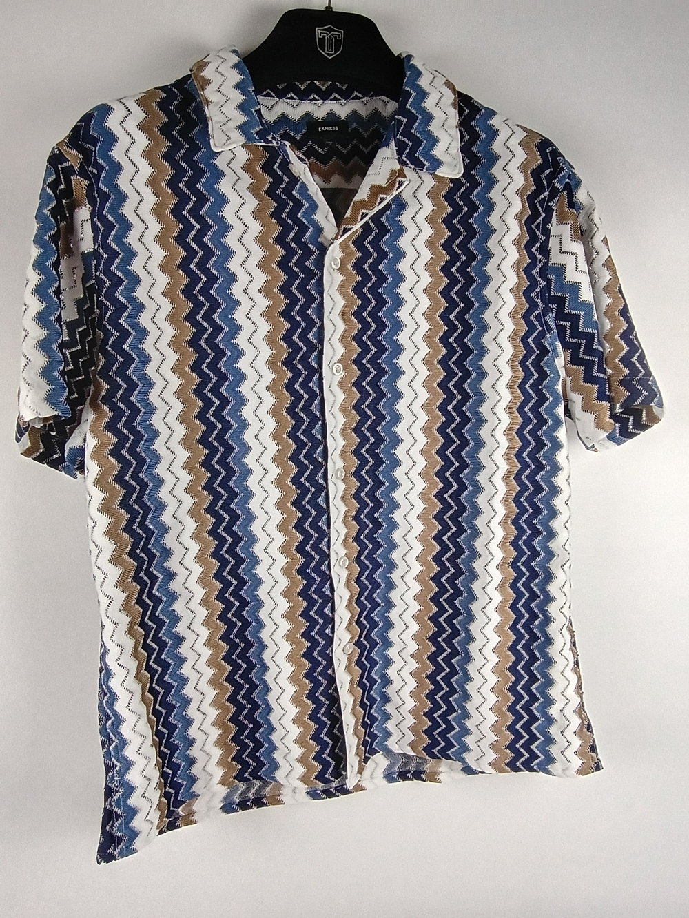 Express Men's Short-Sleeve Zigzag Button-Down Shirt - Blue/White/Brown
